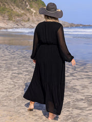 Plus Size Embroidered Tie Neck Long Sleeve Dress 