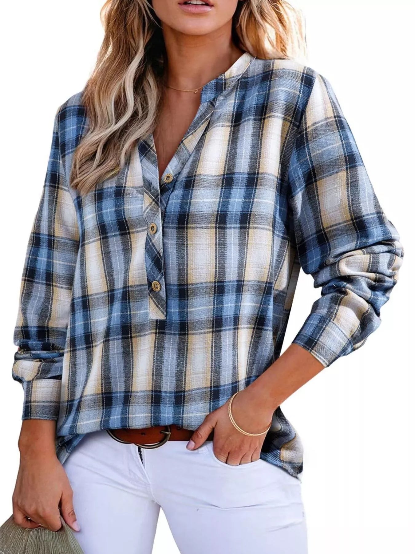 Plaid Half Button Long Sleeve Blouse 