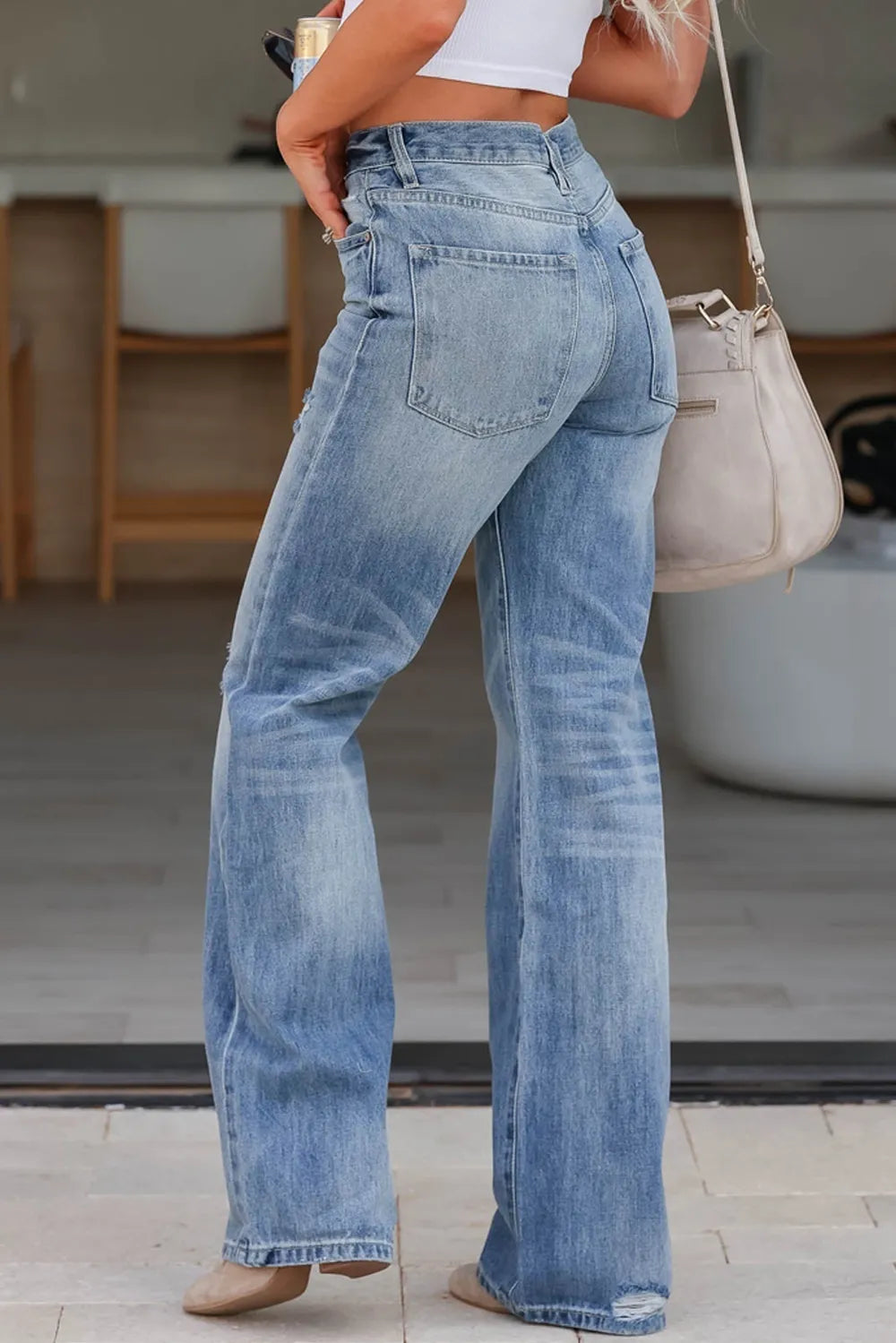 Distressed Straight Jeans with Pockets 