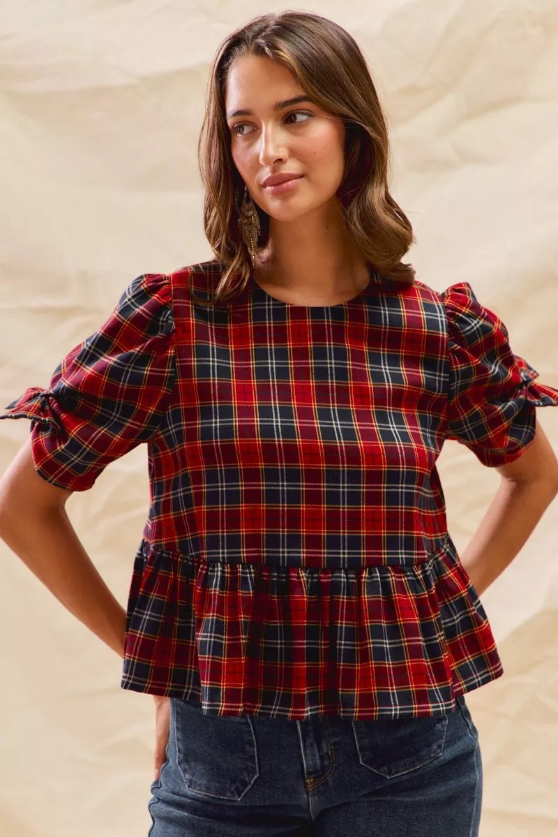 SO ME Christmas Holiday Plaid Ribbon Short Sleeves Top 