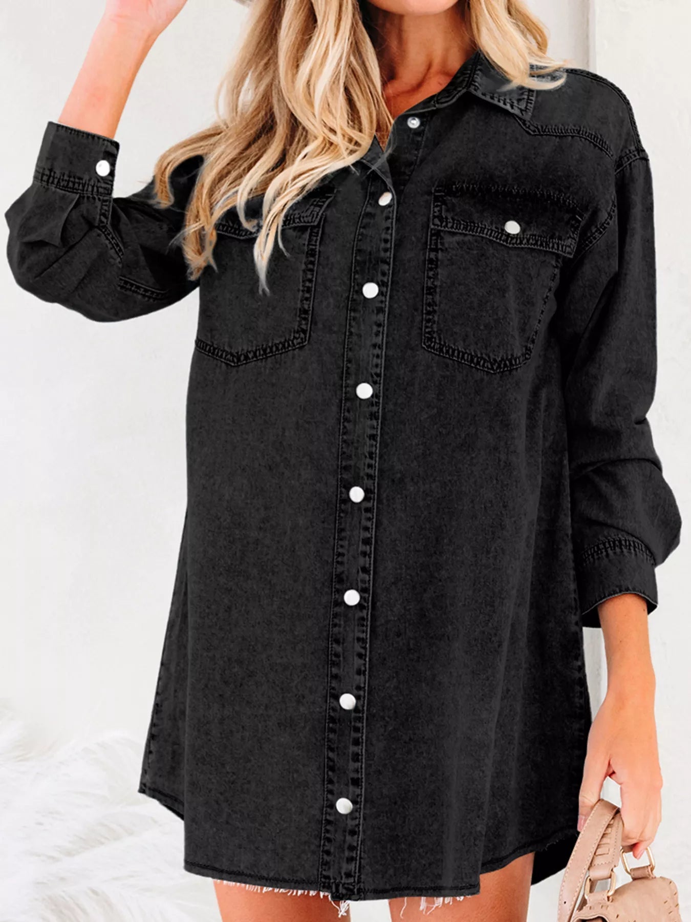 Chest Pocket Raw Hem Denim Loose Shirt Dress 