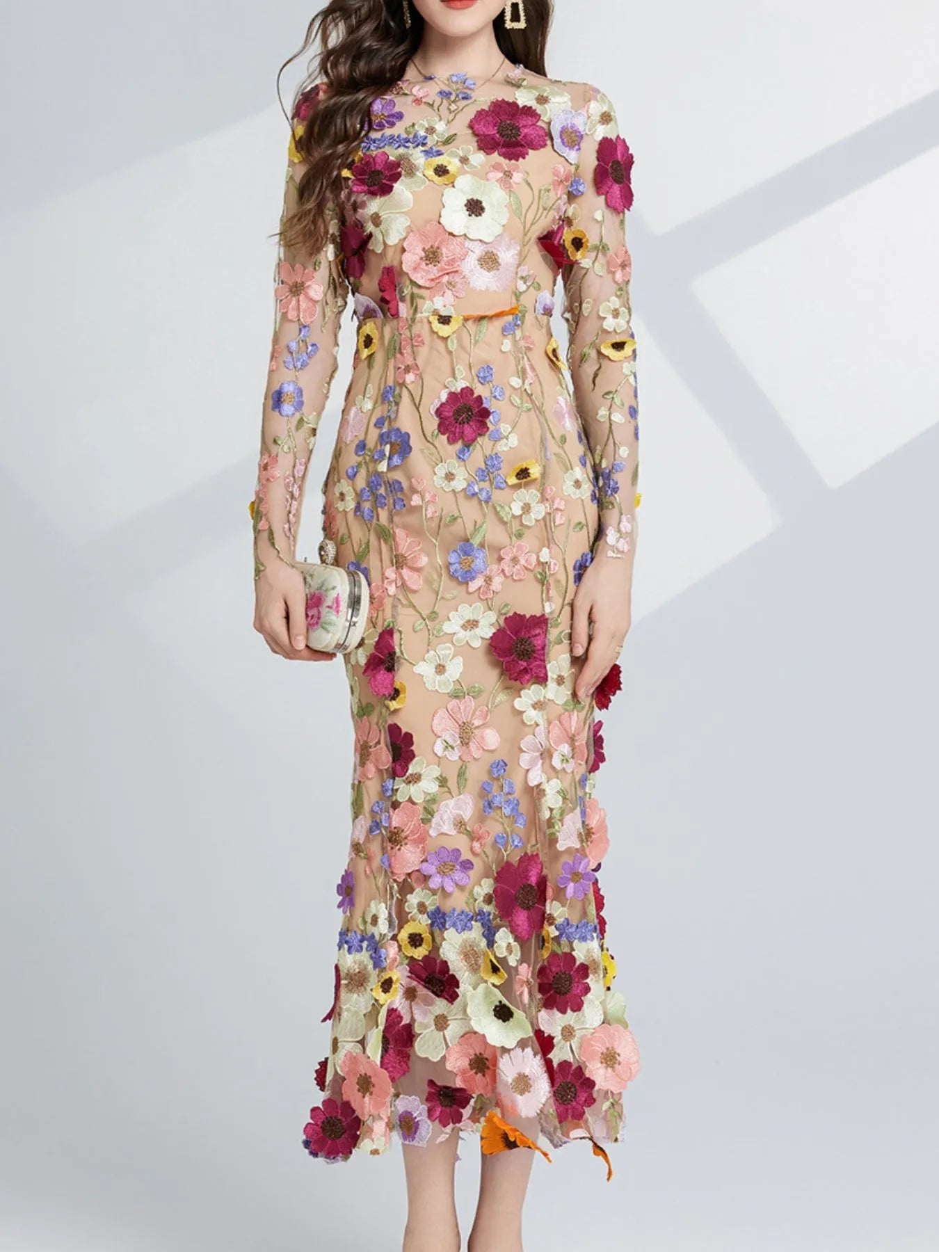 Floral Embroidered Mesh Long Sleeve Midi Dress 