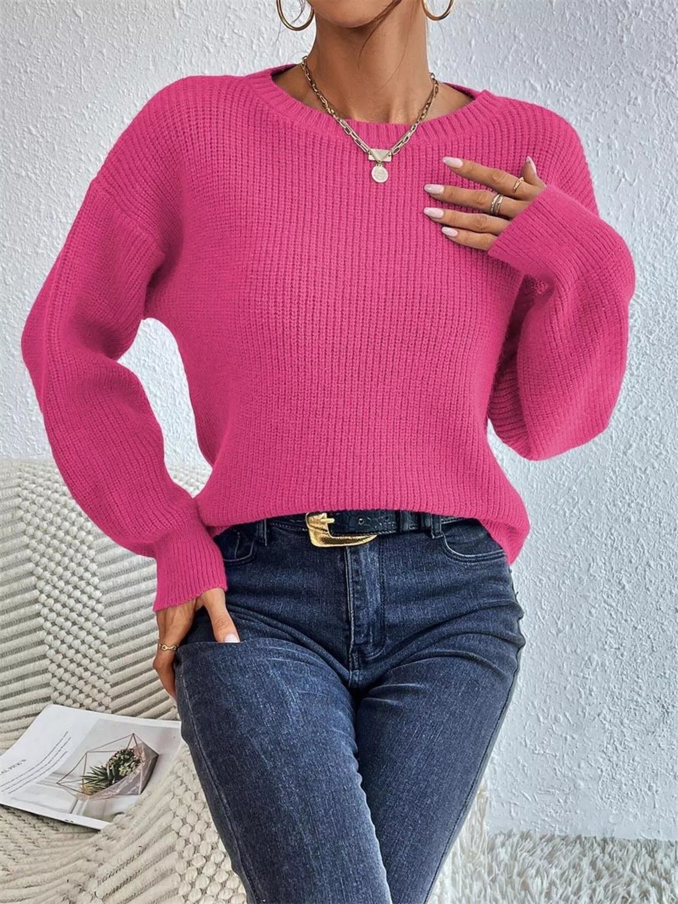 Ribbed Knit Dropped Shoulder Sweater 