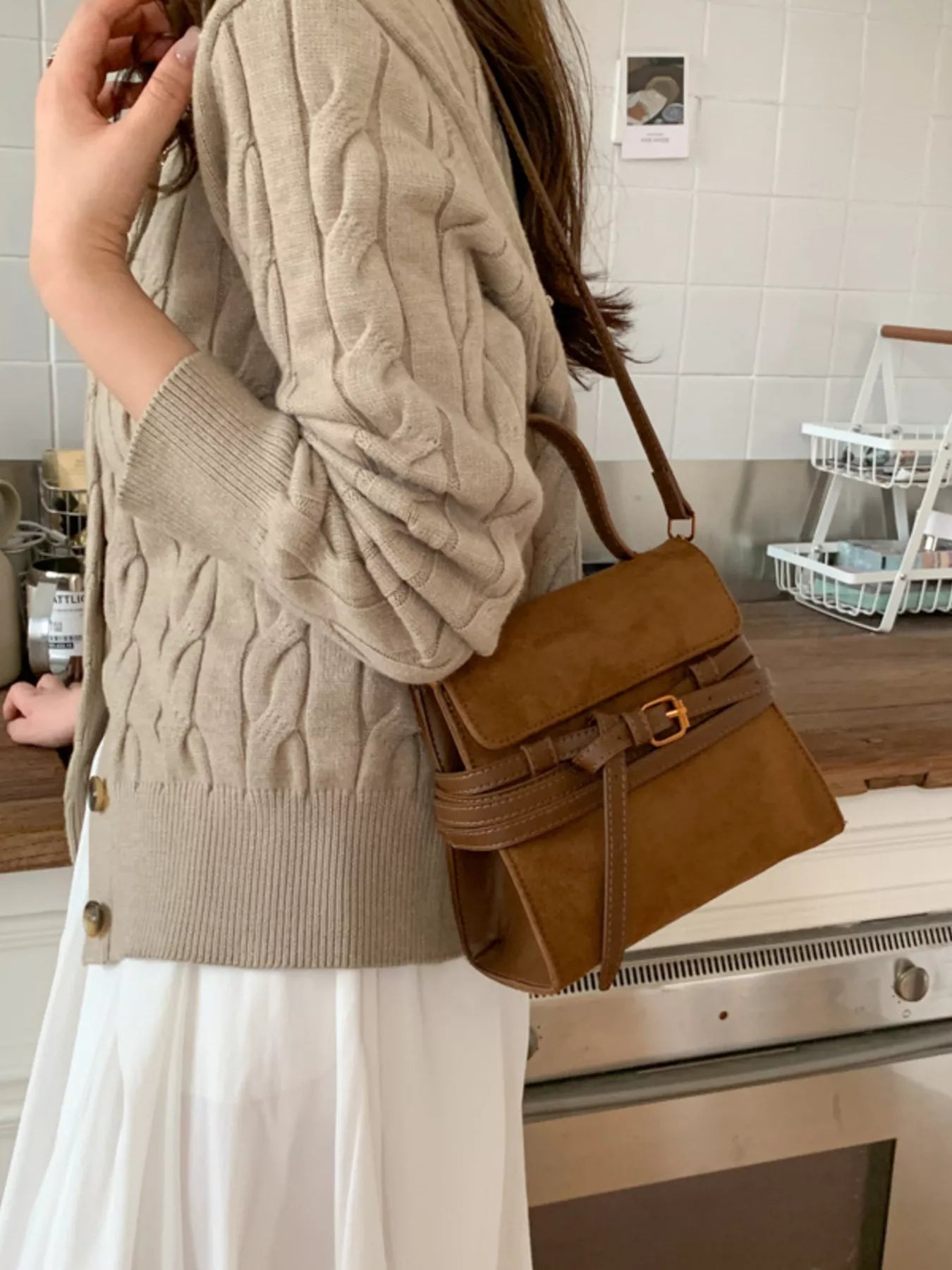 Suede Buckle Decor Crossbody Bag 