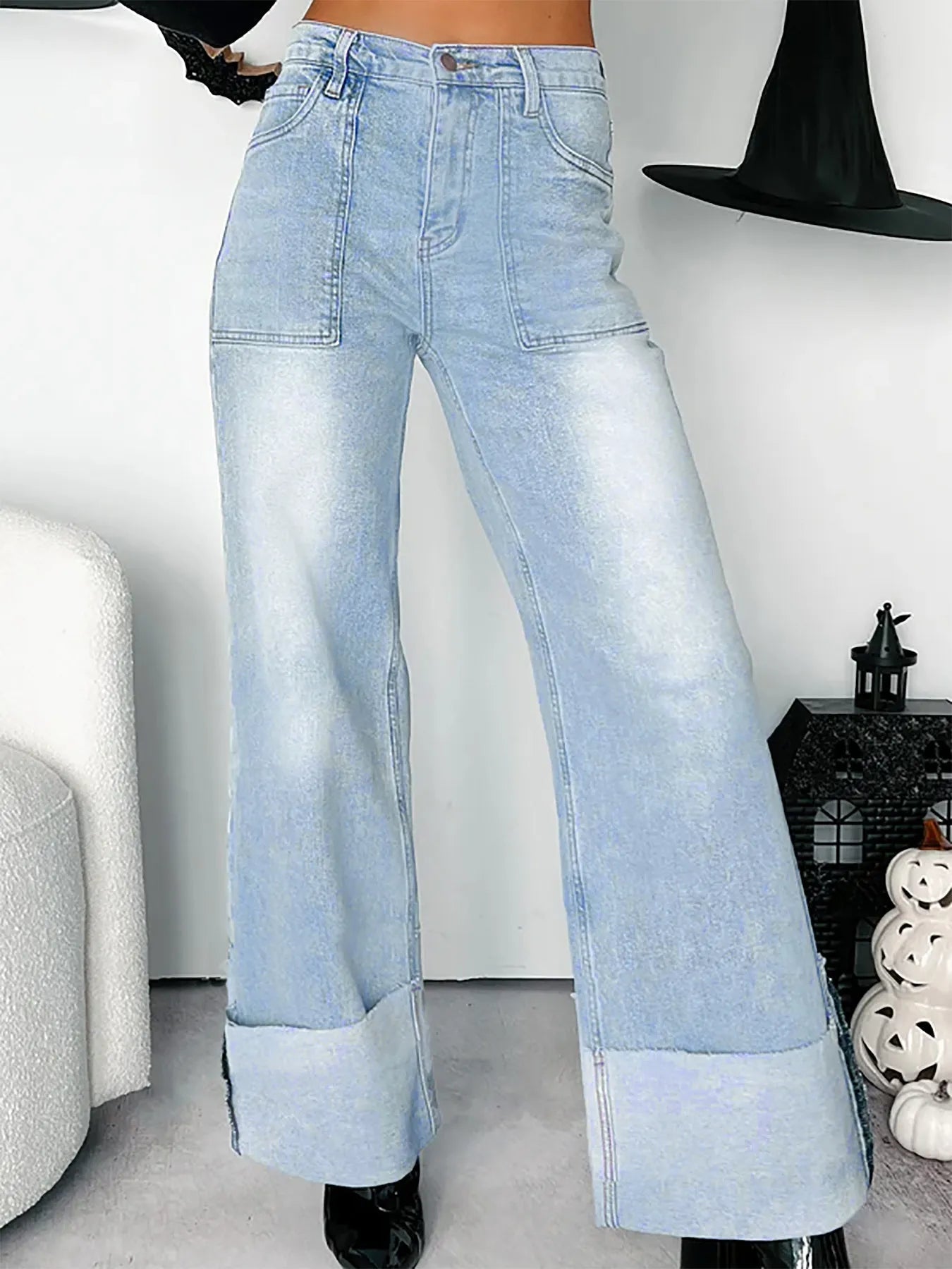 High-Waisted Wide-Leg Jeans with Cuffed Hem 