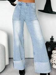 High-Waisted Wide-Leg Jeans with Cuffed Hem 
