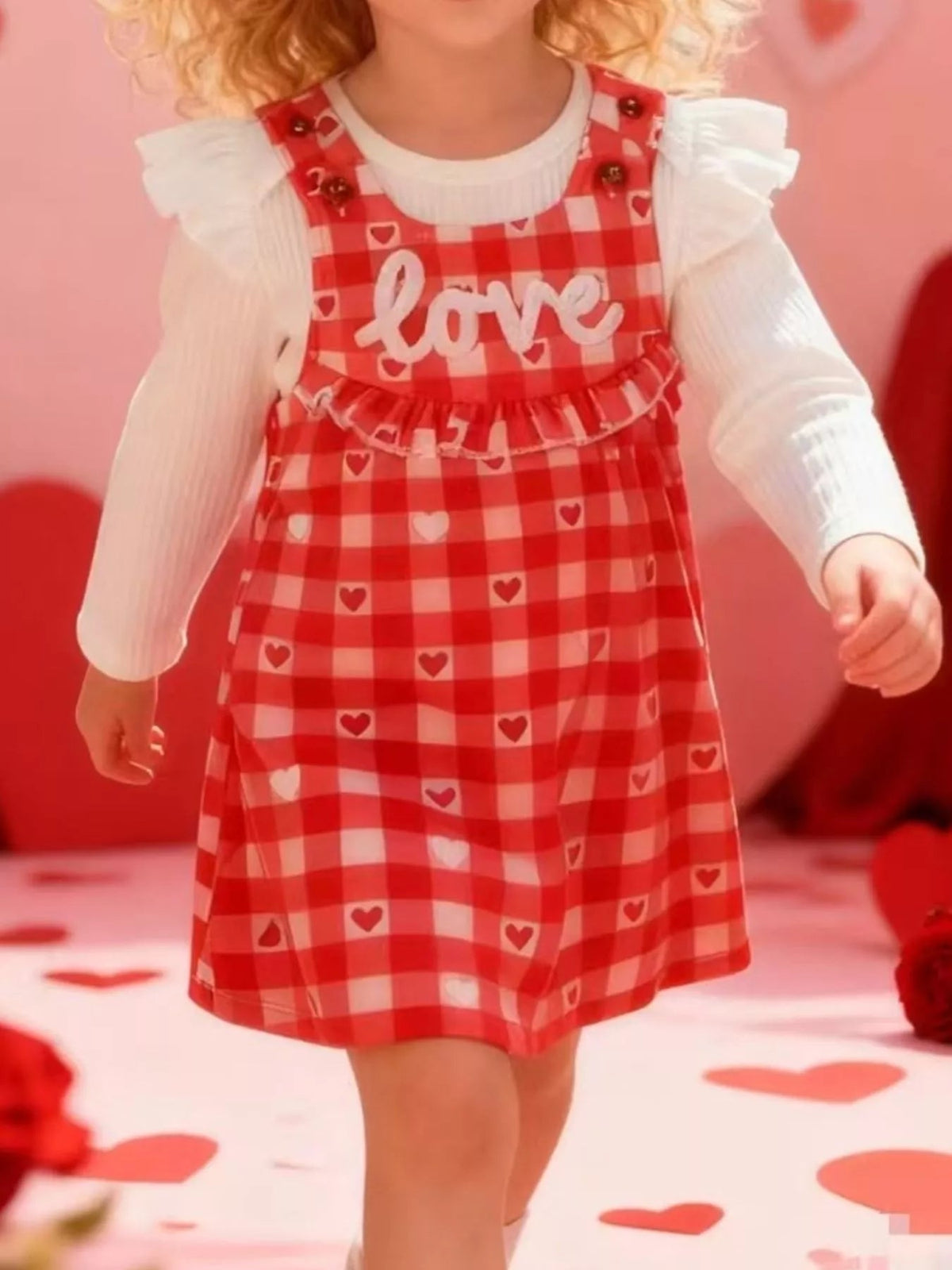 Children's Ruffled Bodysuit and Gingham Dress Set with Headband 