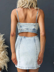 Cutout Back Sweetheart Neck Denim Cami Dress 