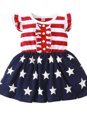 Striped & Stars Ruffled Round Neck Cap Sleeve Dress 