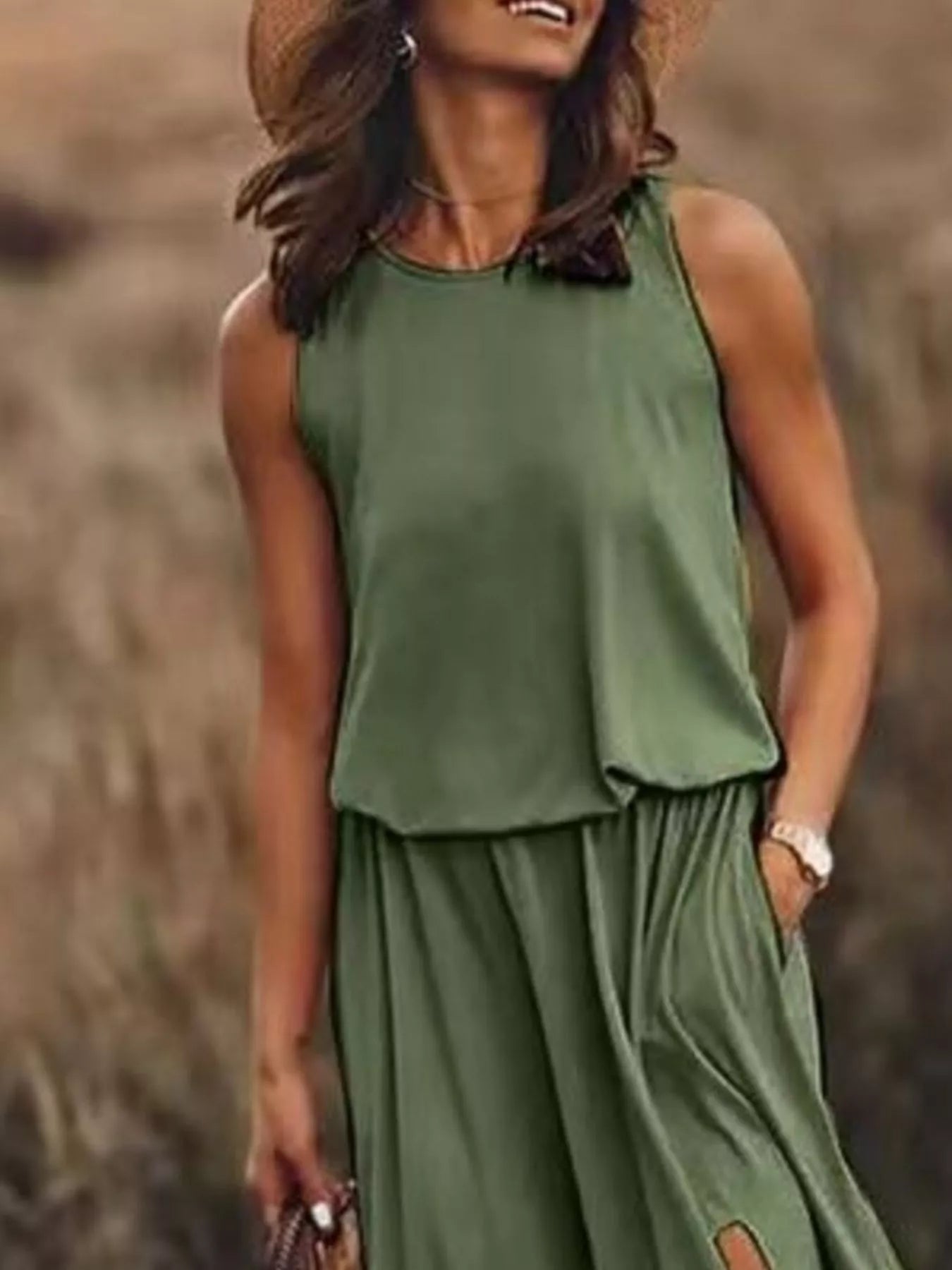 Full Size Round Neck Sleeveless Slit Maxi Dress Plus Size 