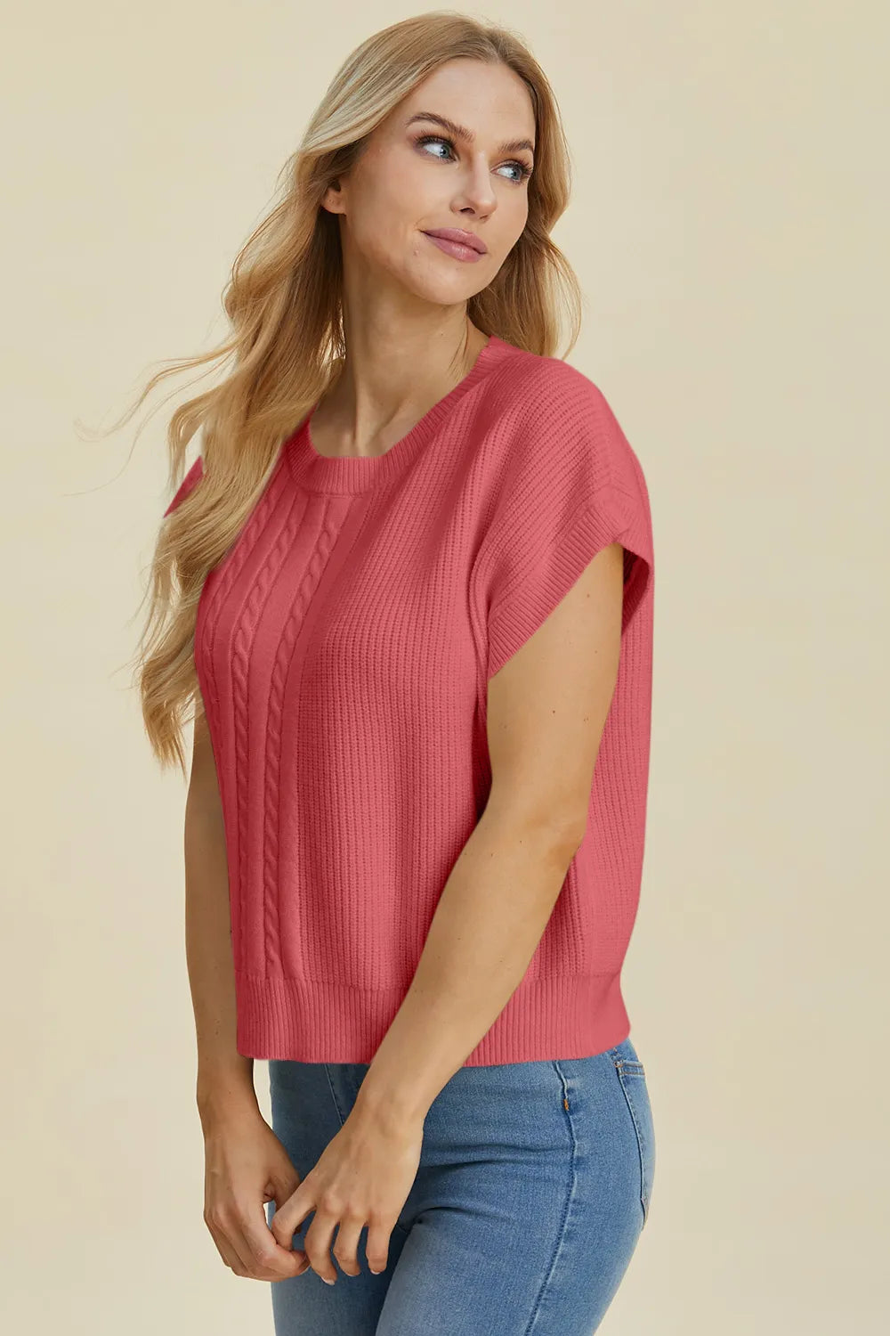 Double Take Full Size Cable-Knit Round Neck Short Sleeve Sweater 