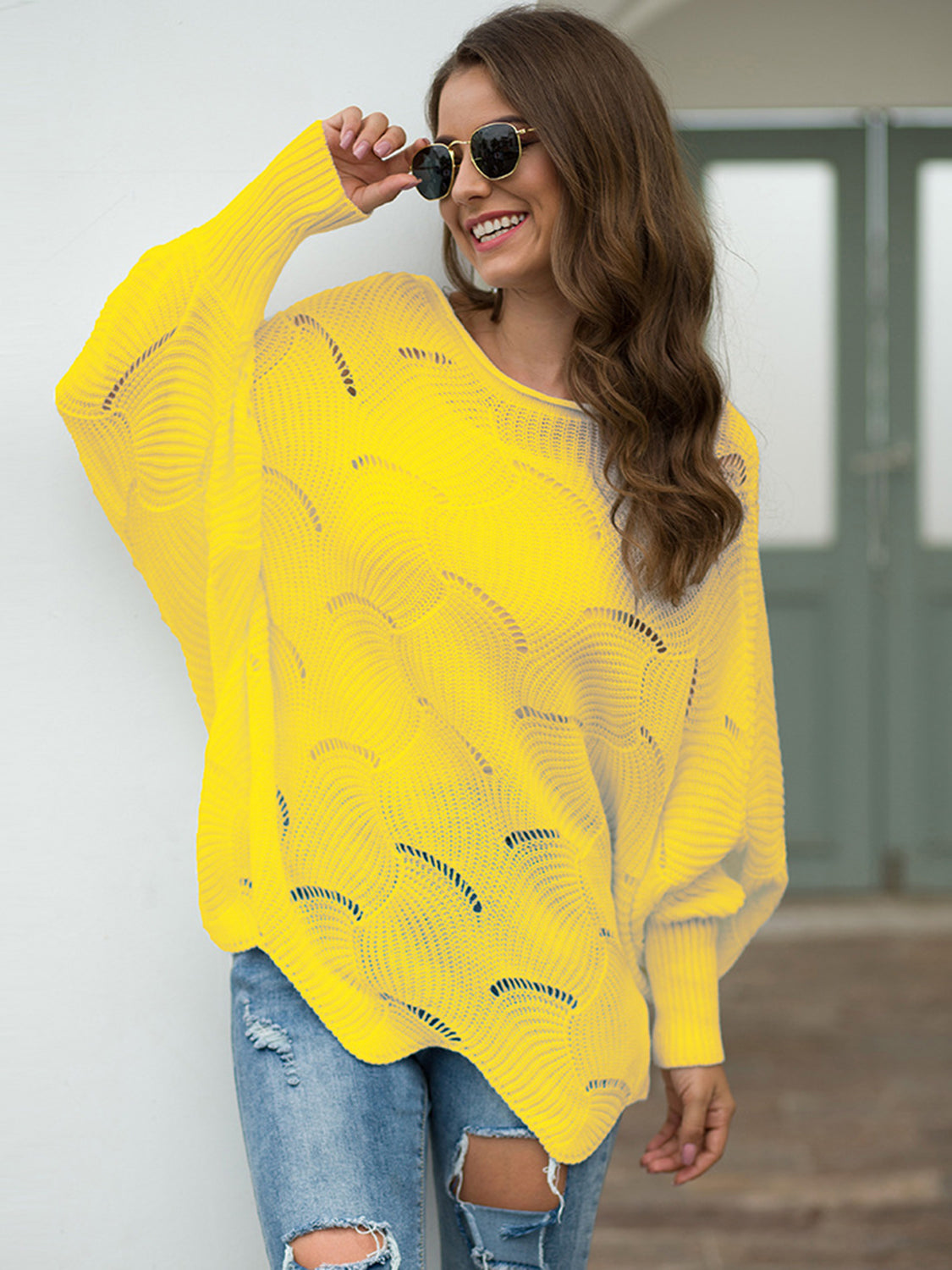 Full Size Boat Neck Lantern Sleeve Openwork Knit Top 