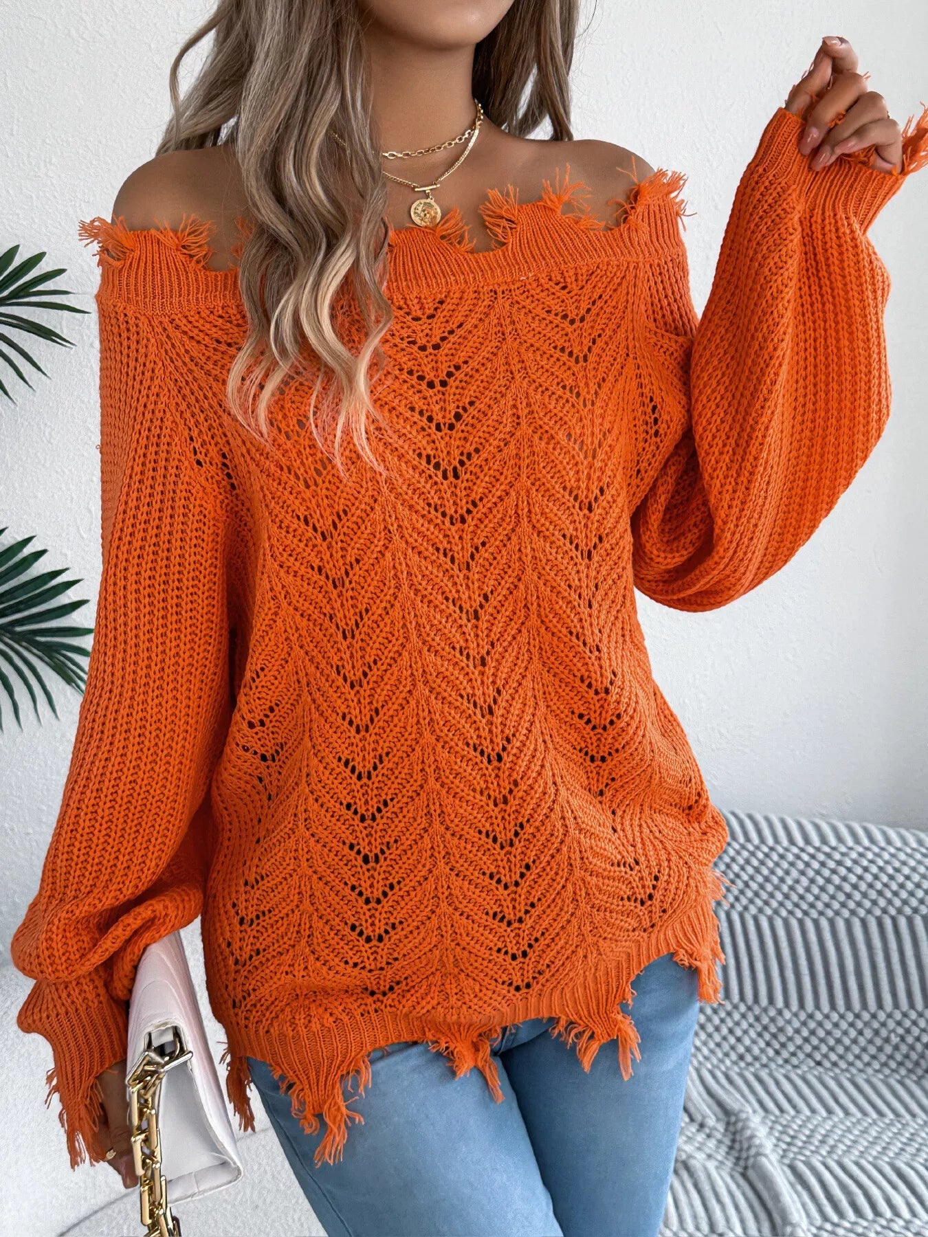 Distressed Hem Openwork Off-Shoulder Sweater 