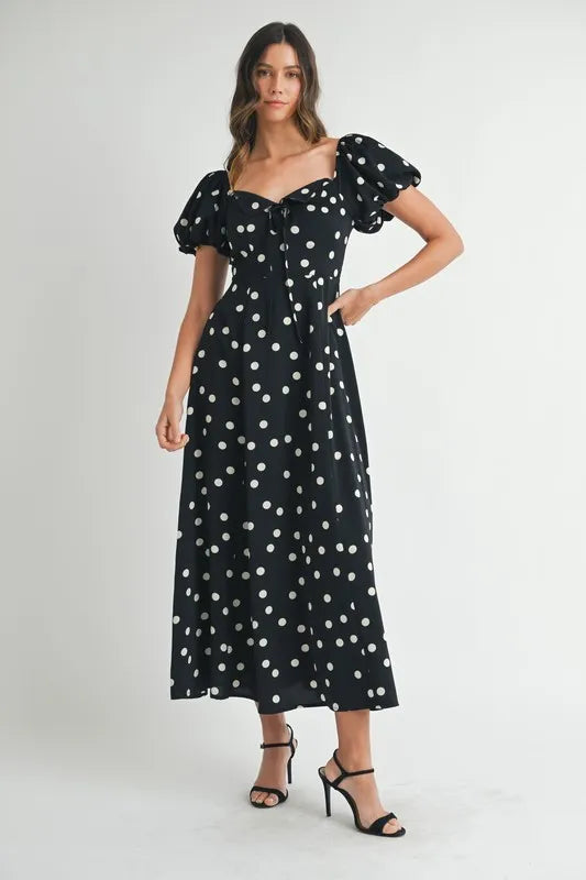 MABLE Polka Dot Puff Sleeve Midi Dress 