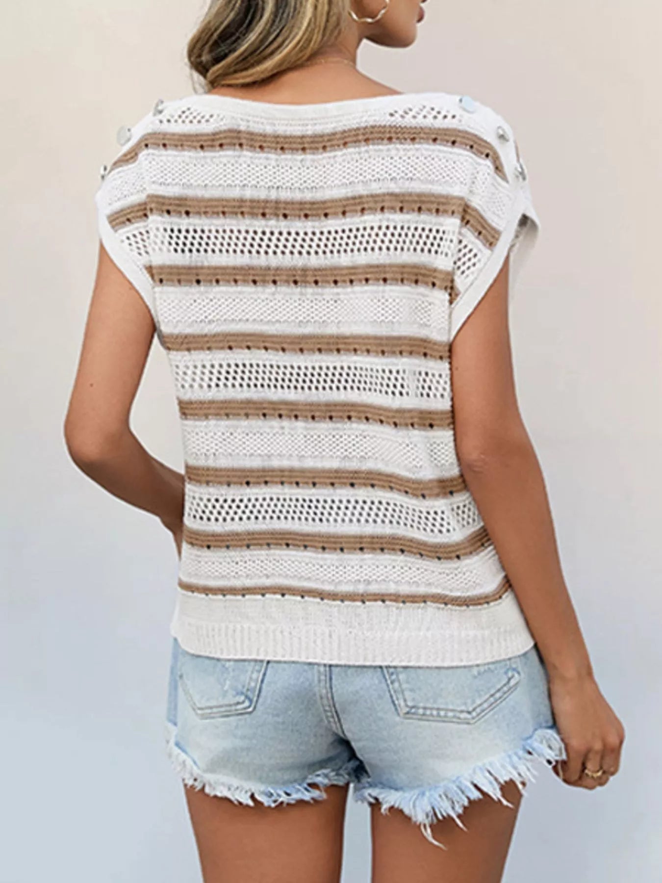 Openwork Round Neck Cap Sleeve Knit Top 