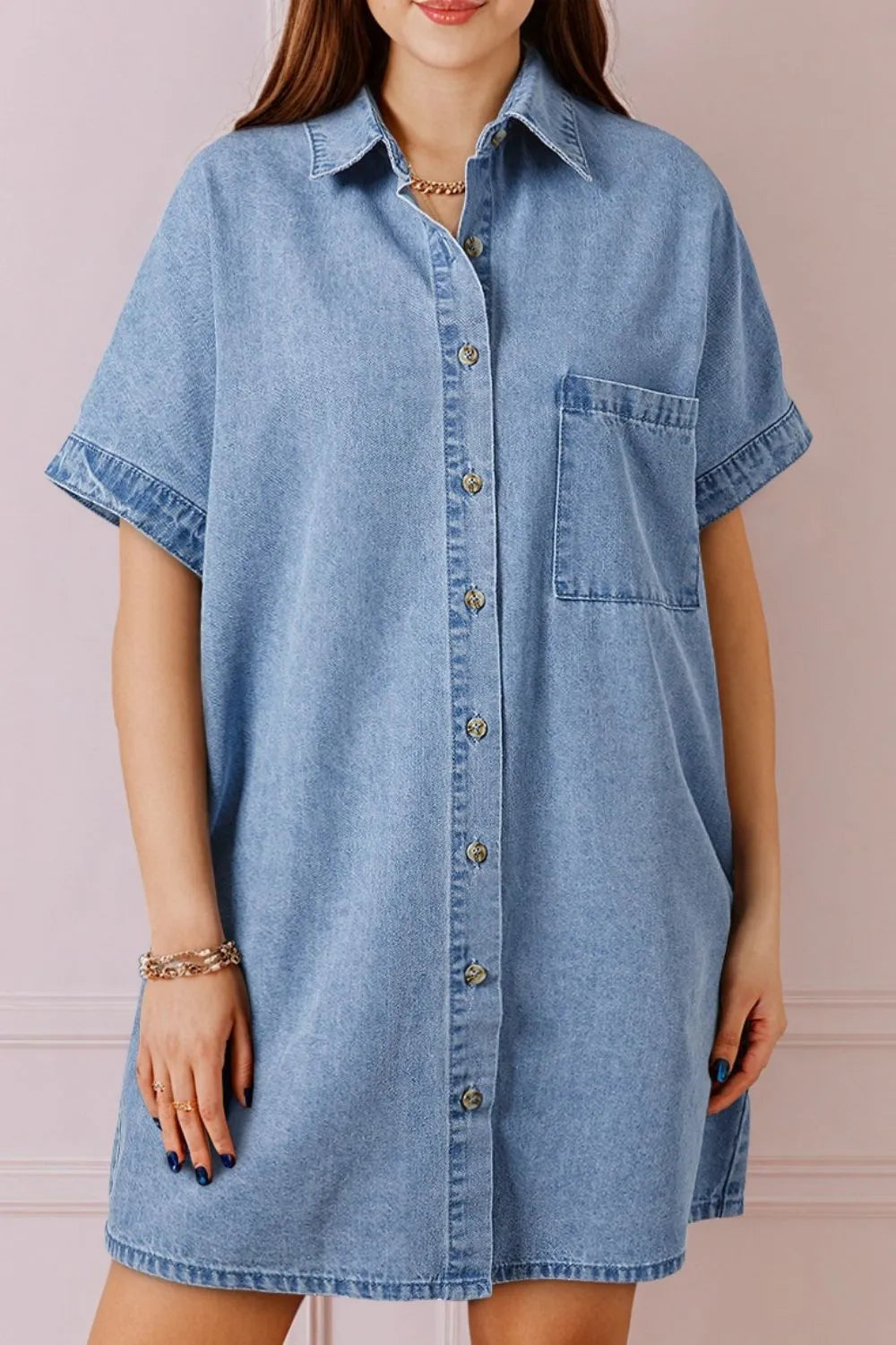 Button Down Short Sleeve Denim Dress 