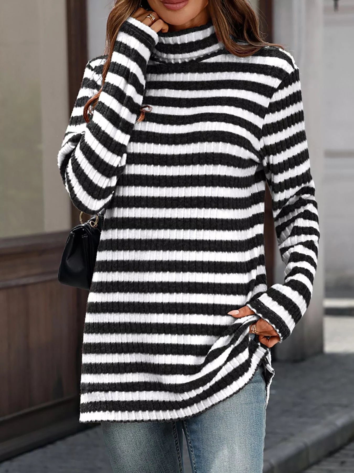 Striped Turtleneck Long Sleeve Knit Top 