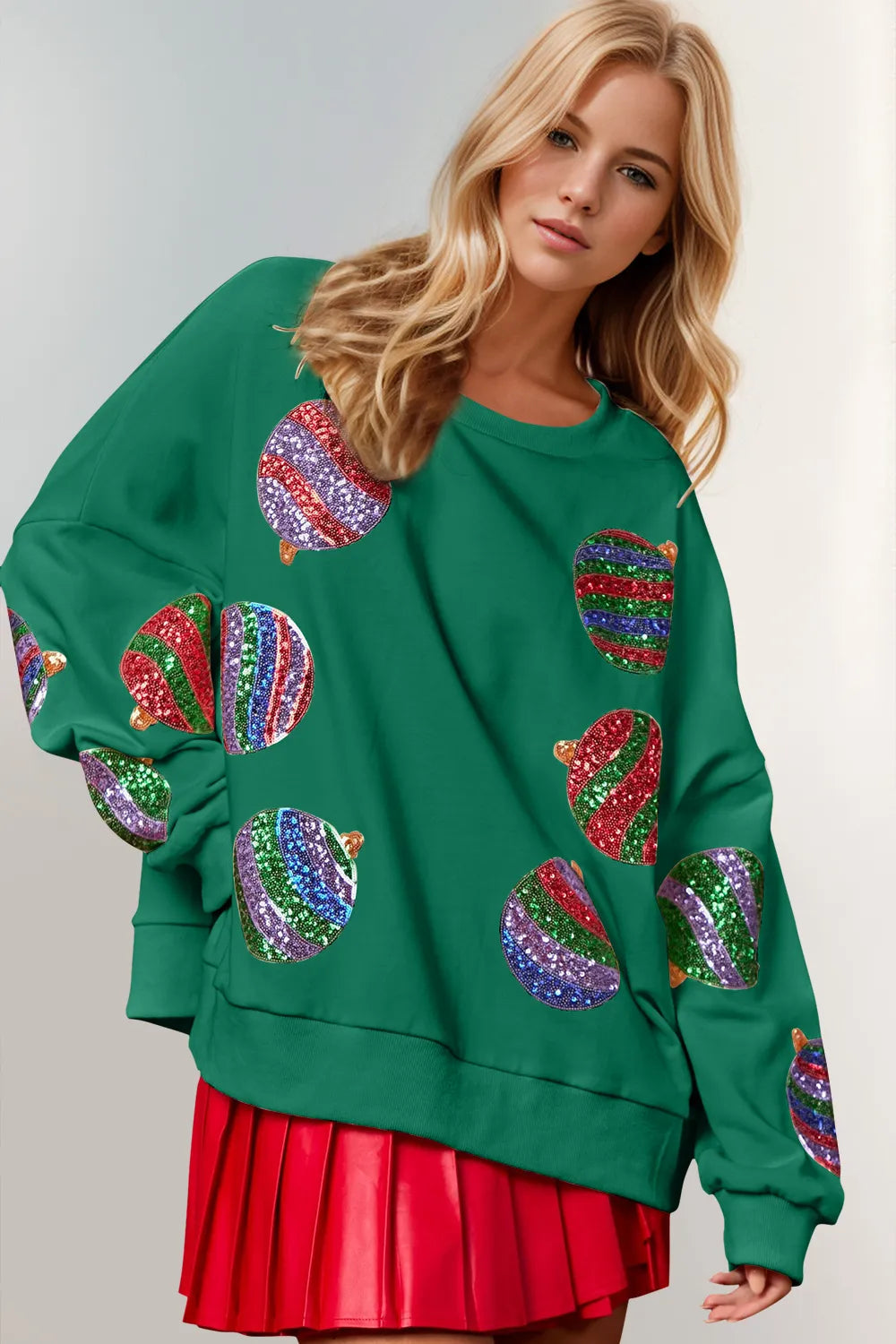 Double Take Christmas Element Sequin Round Neck Long Sleeve Sweatshirt 