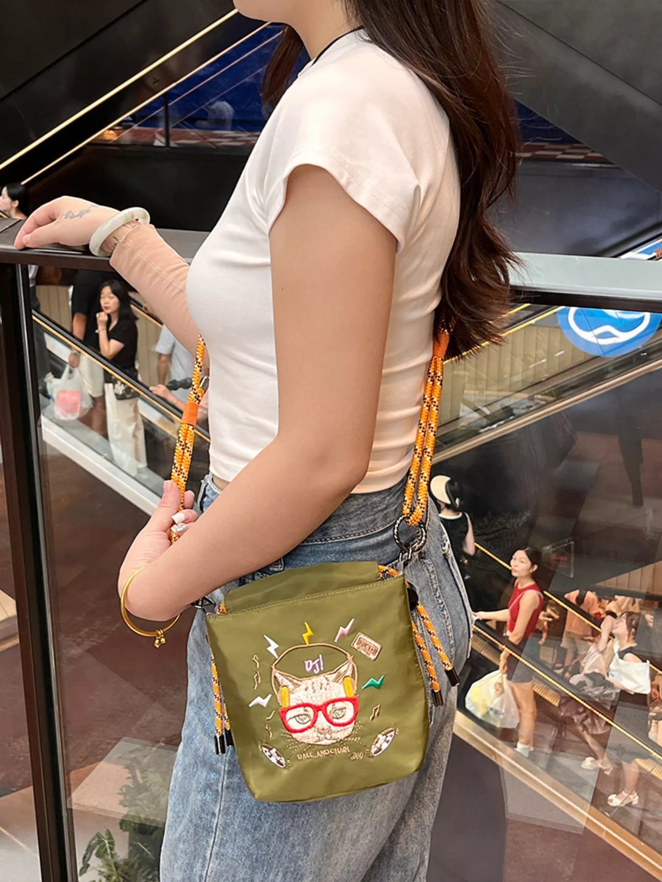 Embroidered Crossbody Bag with Rope Strap 