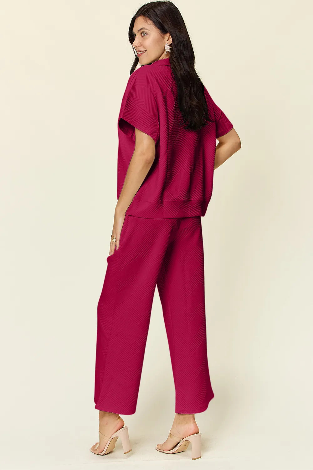 Double Take Full Size Texture Half Zip Short Sleeve Top and Pants Set 