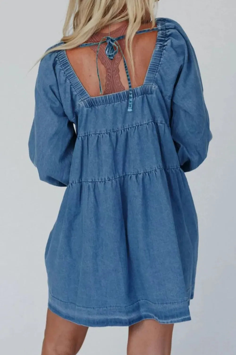 Tied Square Neck Long Sleeve Denim Dress with Pockets 
