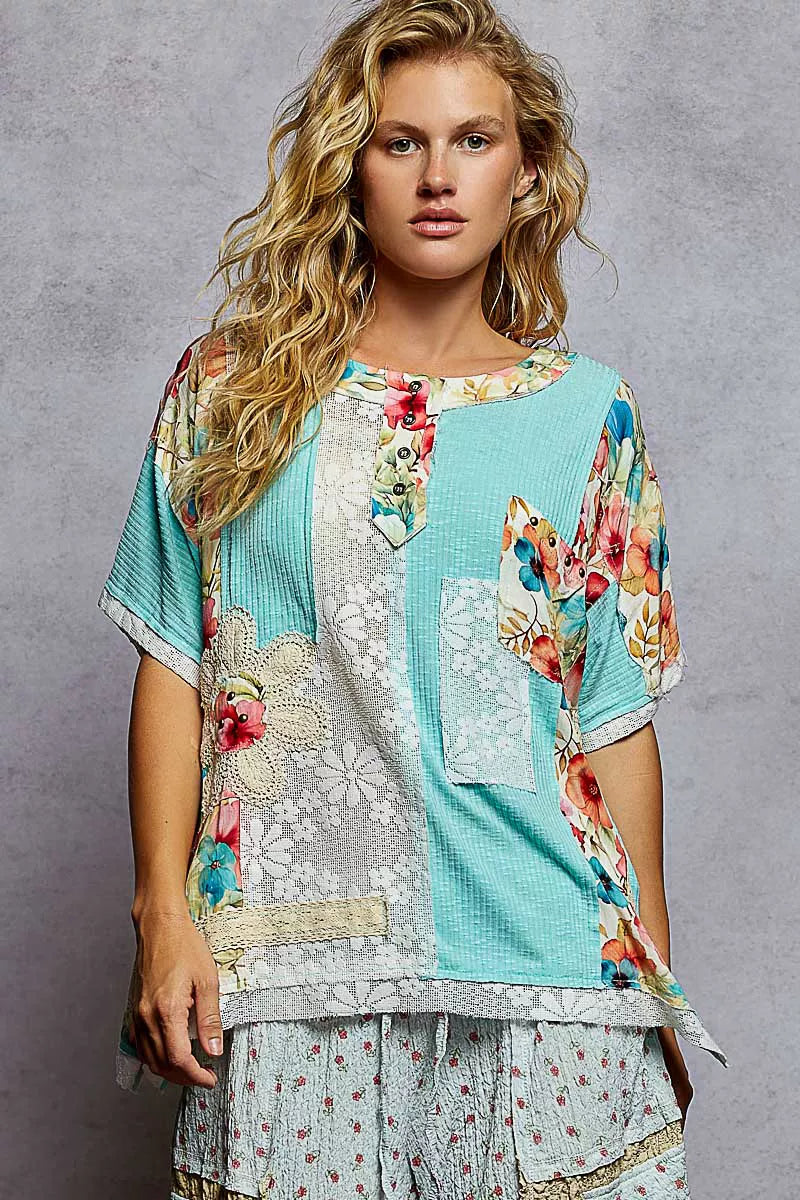 POL Lace Round Neck Short Sleeve Floral Pattern Top with Patch Detail 