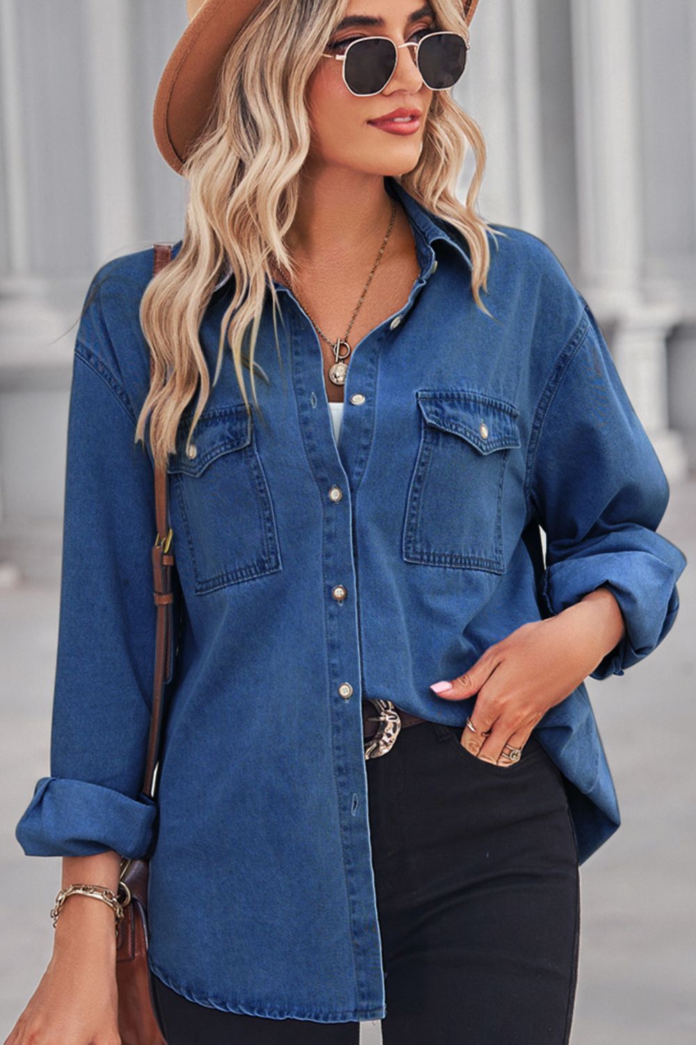 Collared Neck Dropped Shoulder Denim Top 