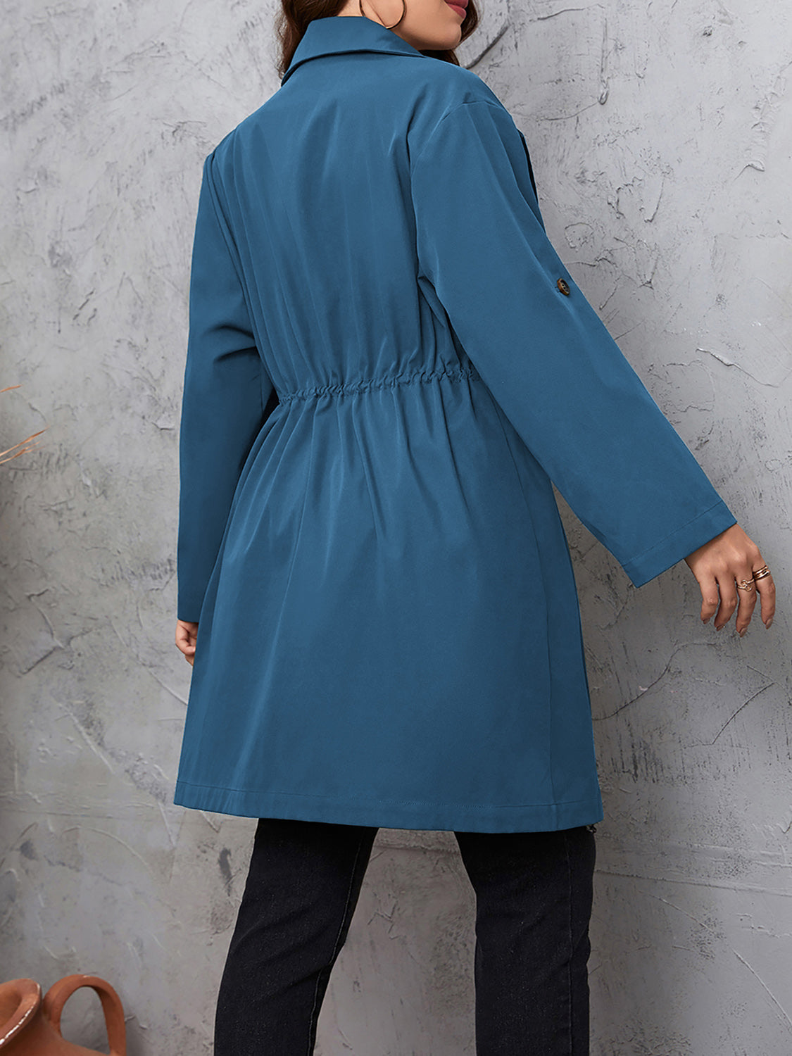 Honey Plus Size Lapel Collar Drawstring Roll-Tab Sleeve Trench Coat 