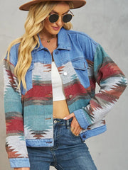 Geometric Button Up Dropped Shoulder Denim Jacket 