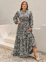 Plus Size Floral Print Long Sleeve Tiered Maxi Dress 