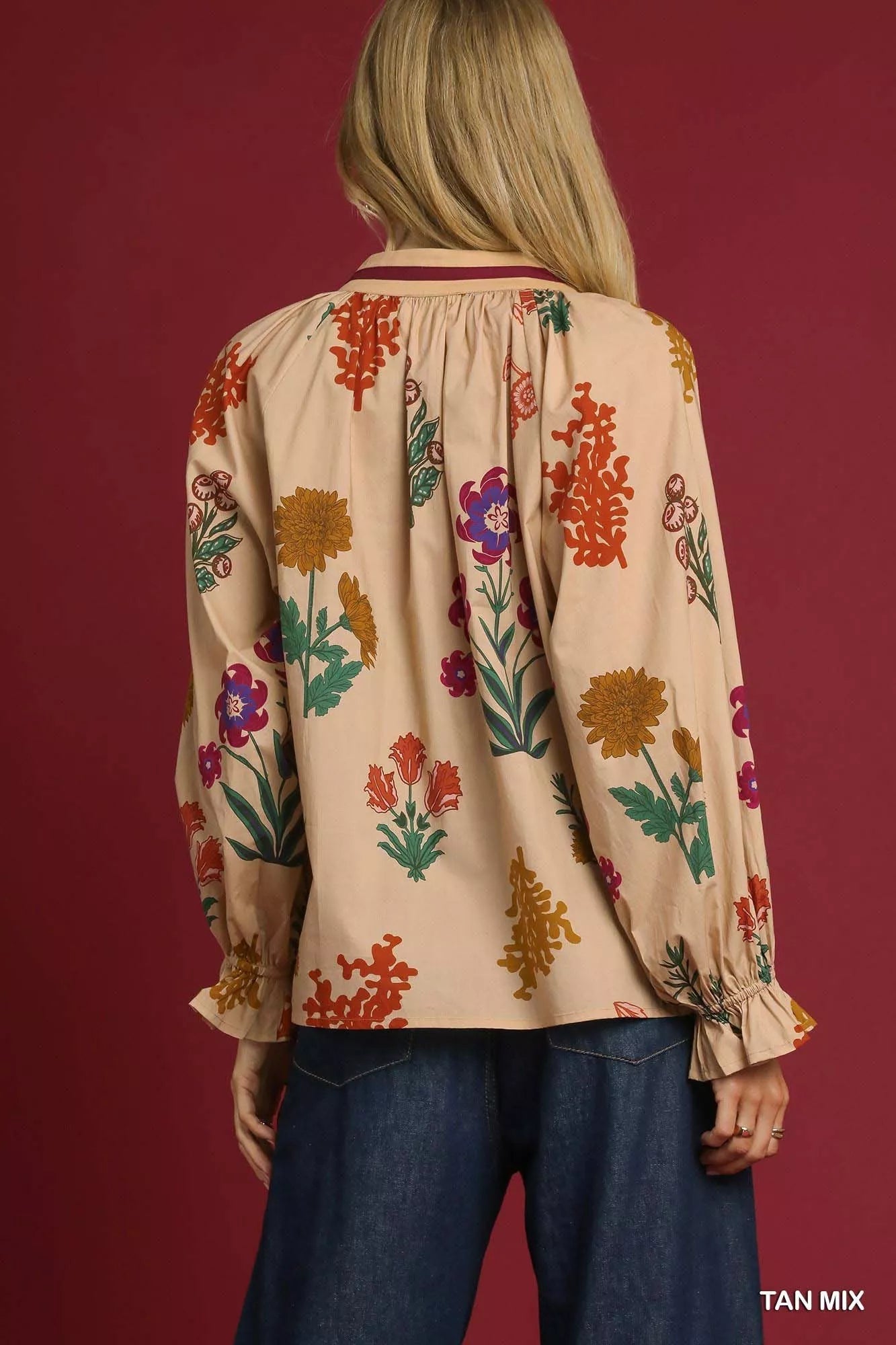 Umgee Floral Print Flounce Sleeve Blouse 