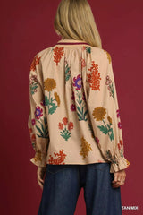 Umgee Floral Print Flounce Sleeve Blouse 