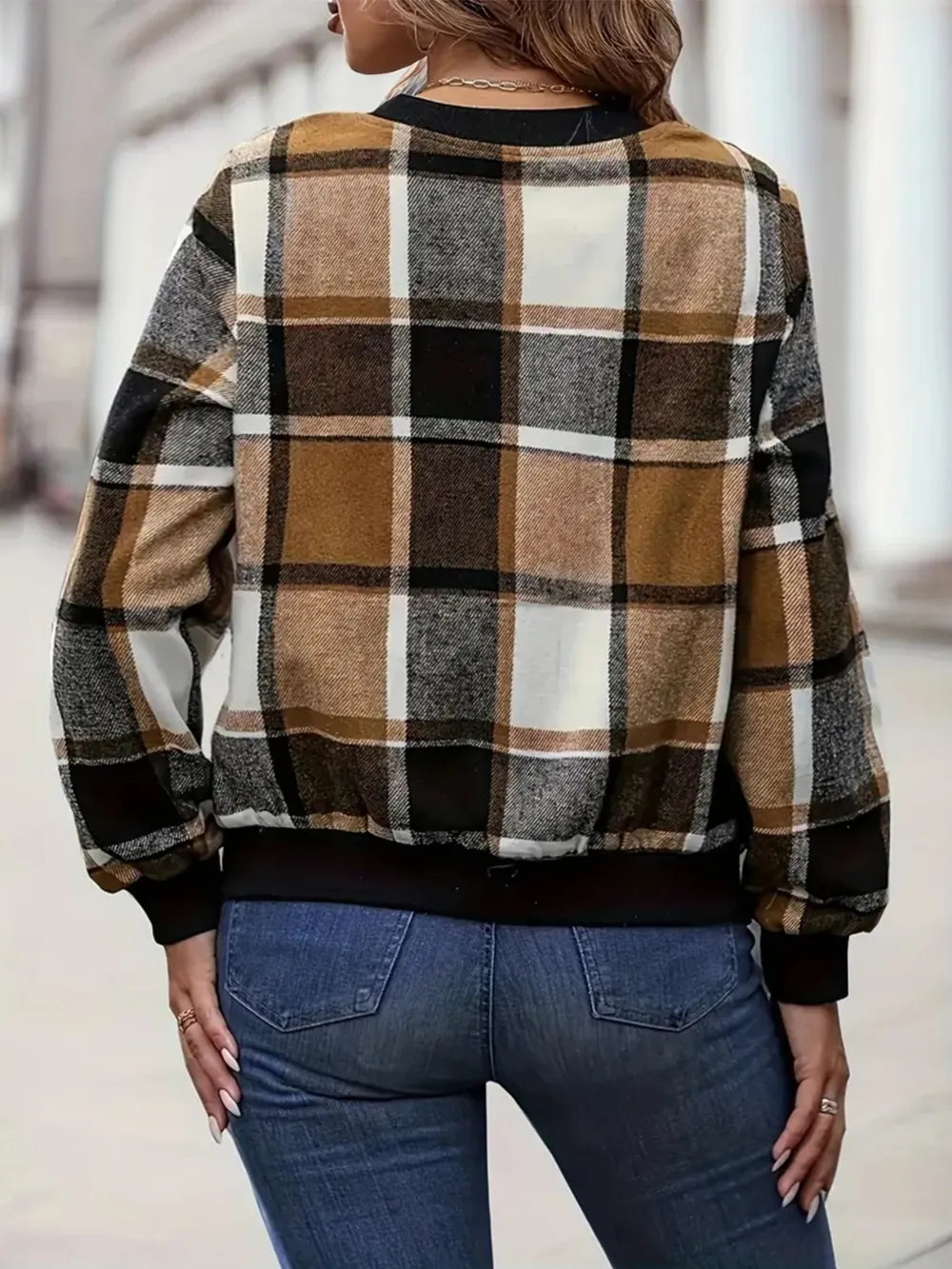 Plus Size Plaid Baseball Collar Zip Up Jacket 