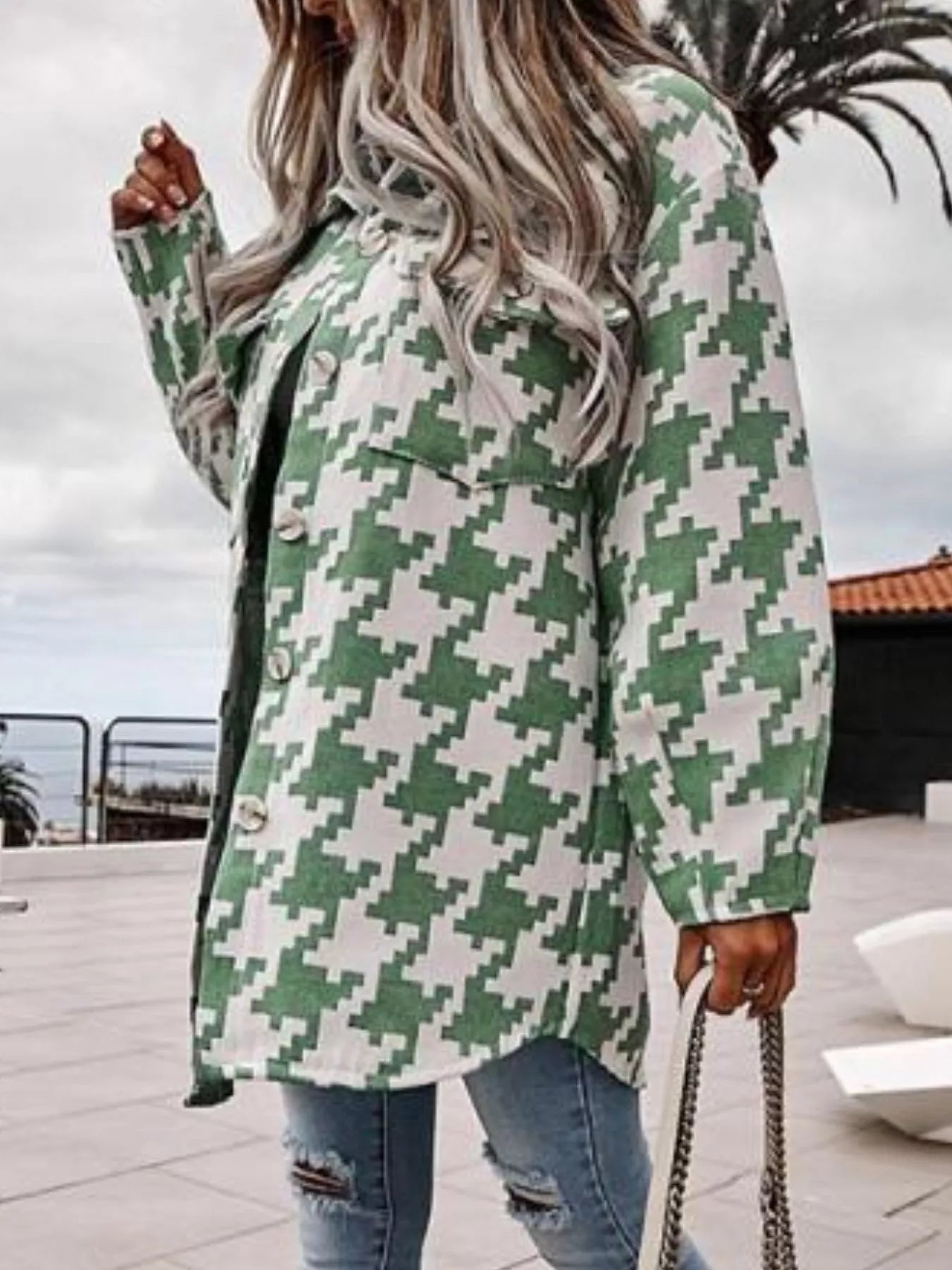 Houndstooth Button Up Long Sleeve Outerwear 