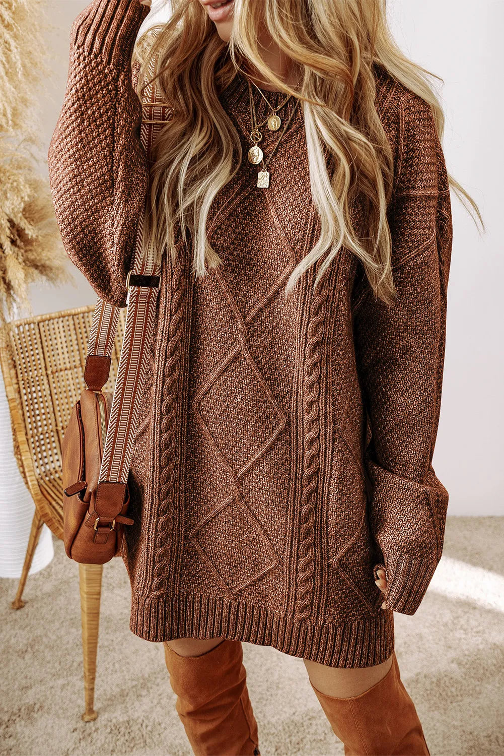 Cable-Knit Round Neck Sweater Dress 