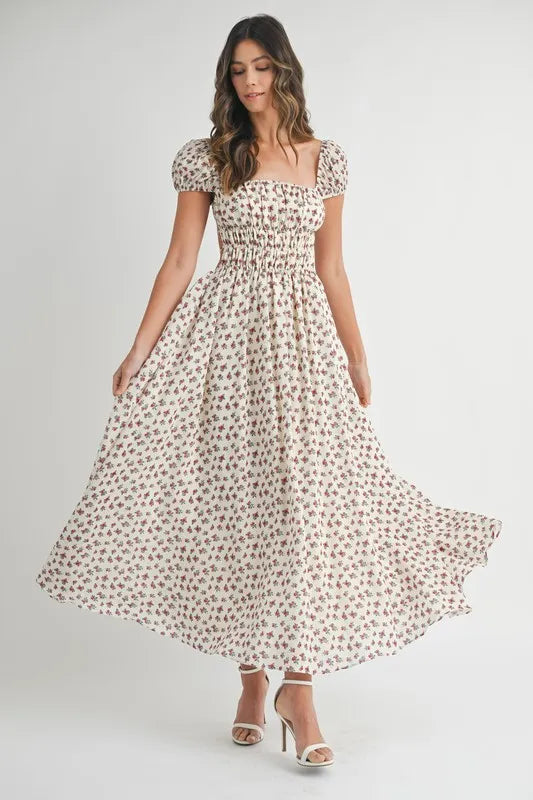 MABLE Floral Print Puff Sleeve Gathered Midi Dress 