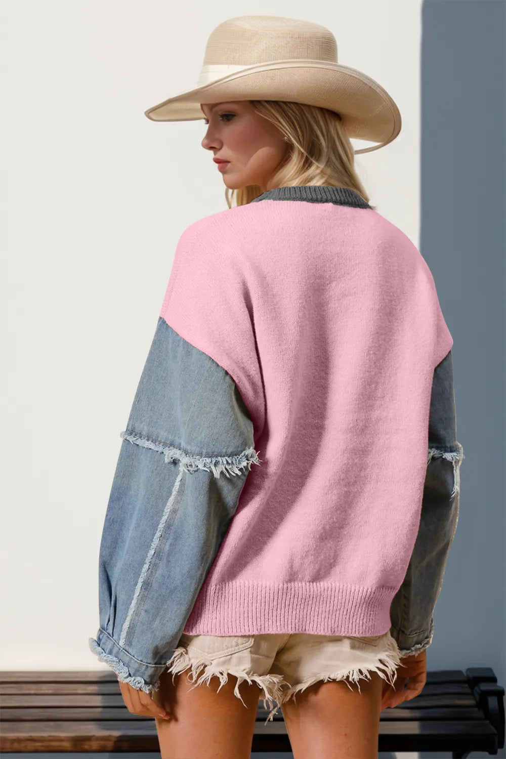 Double Take Full Size Star Pattern Raw Edge Long Sleeve Sweater 