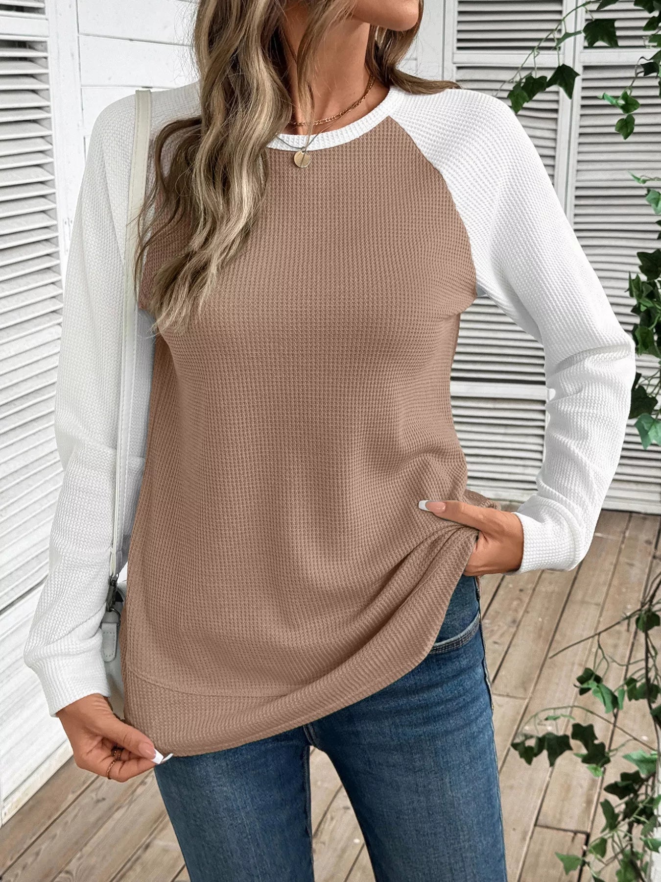 Contrast Raglan Sleeve Waffle Knit T-Shirt 