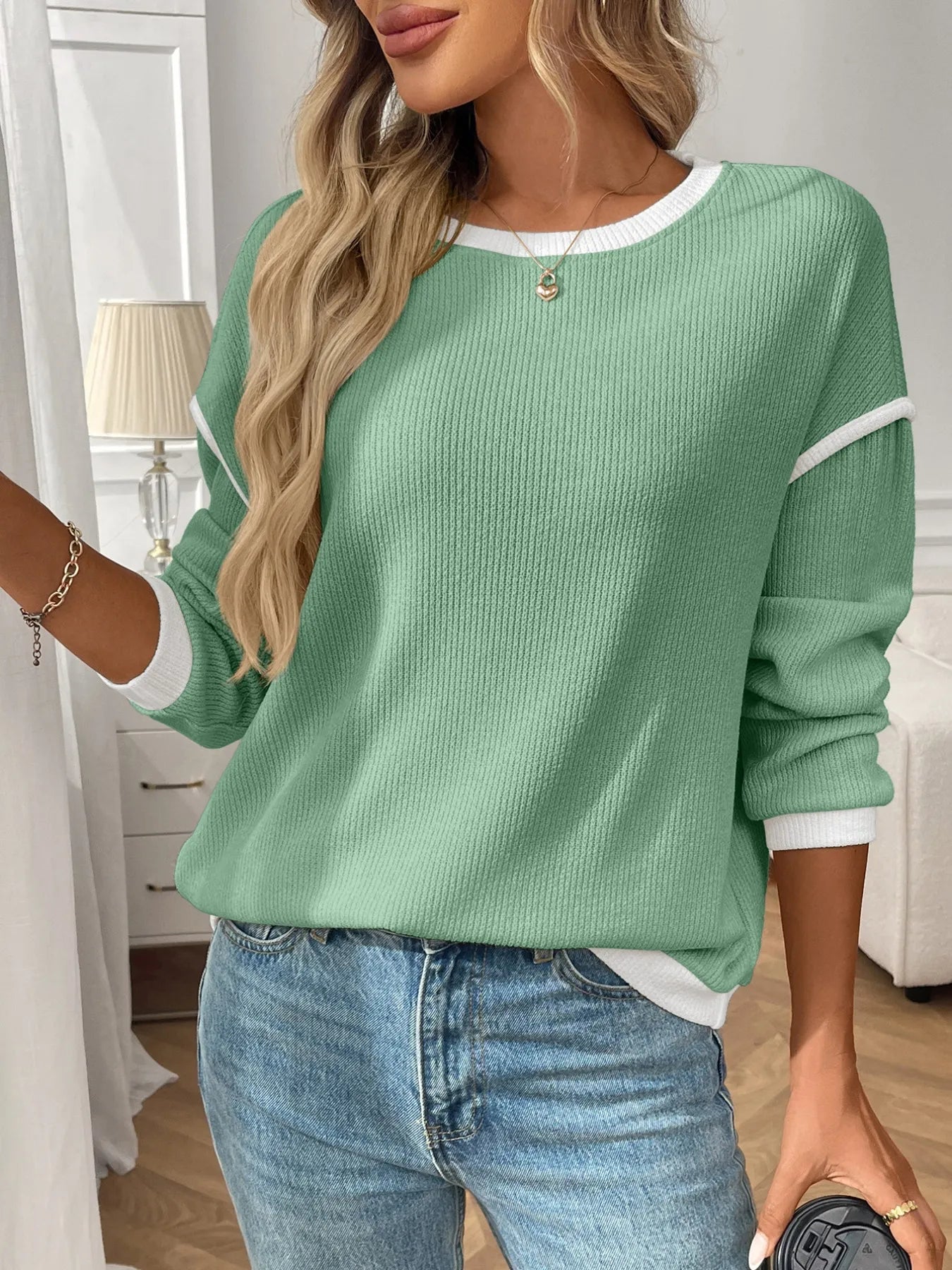 Ribbed Contrast Trim Long Sleeve Top 