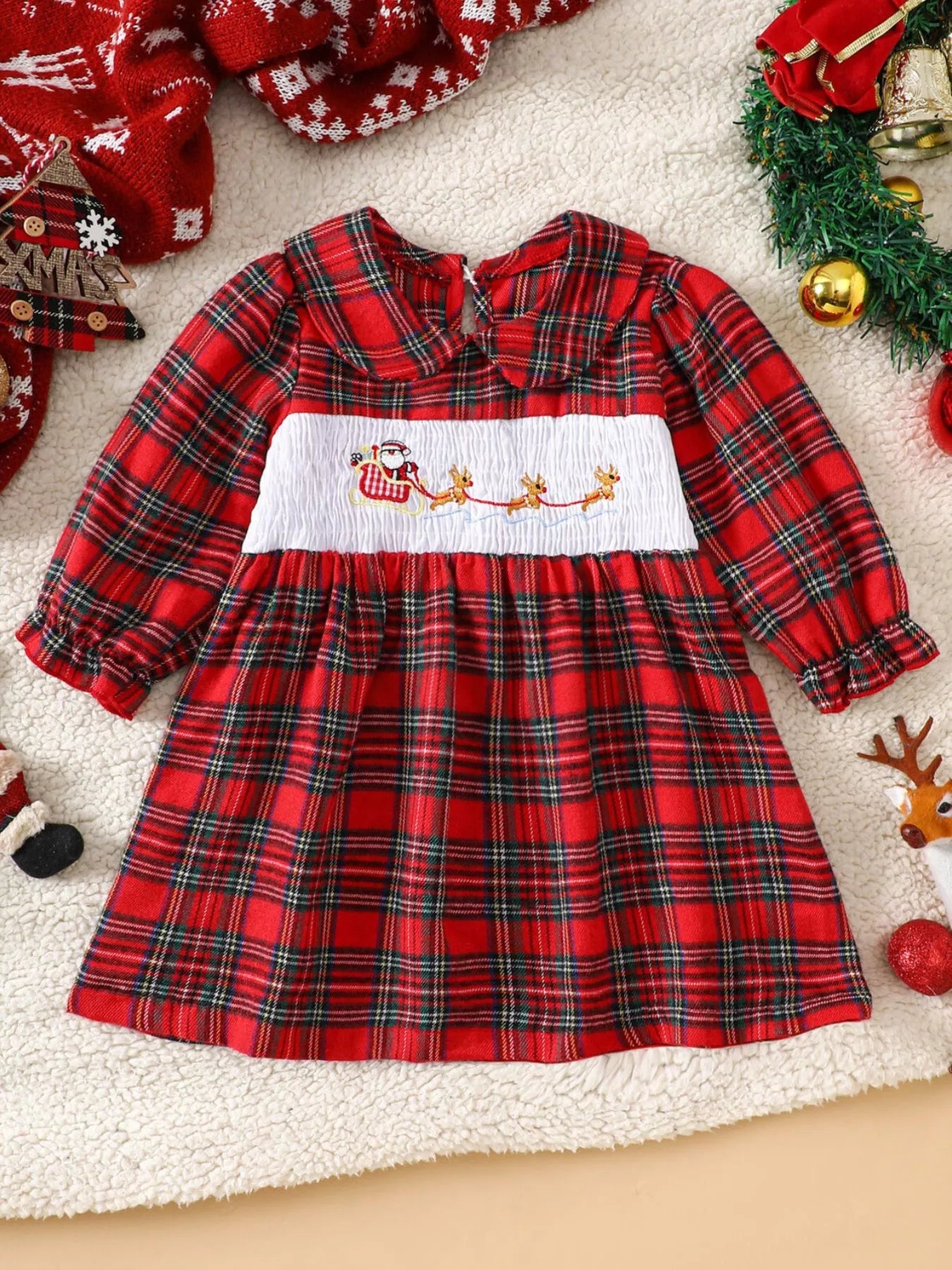 Children's Christmas Plaid Embroidered Smocked Dress 