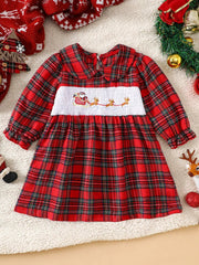 Children's Christmas Plaid Embroidered Smocked Dress 