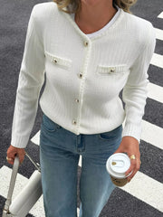 Button-Front Ribbed Long Sleeve Cardigan 