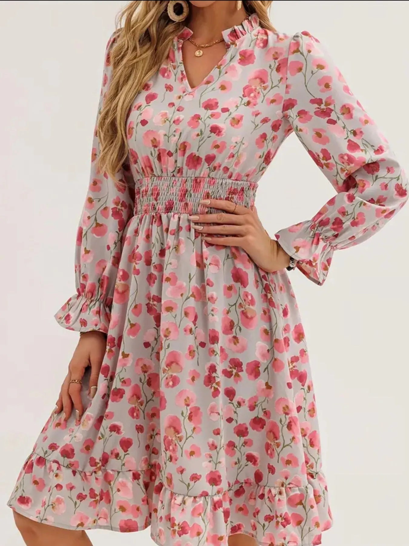 Floral Print Flounce Sleeve Ruffle Hem Dress 