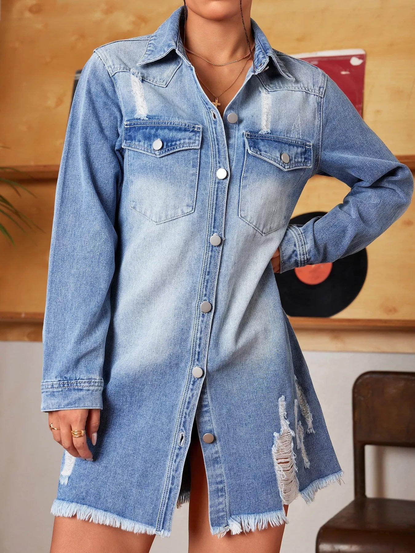 Distressed Raw Hem Denim Mini Dress 