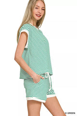 Zenana Stripe Contrast Trim Top & Shorts Set 
