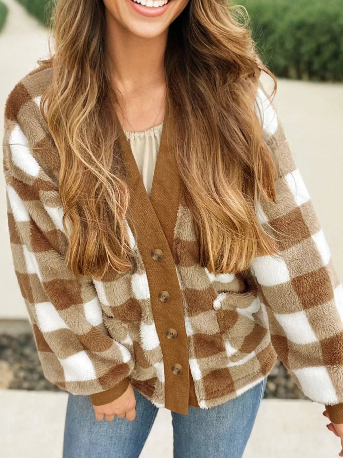 Checkered Sherpa Loose Knit Cardigan with Pockets 