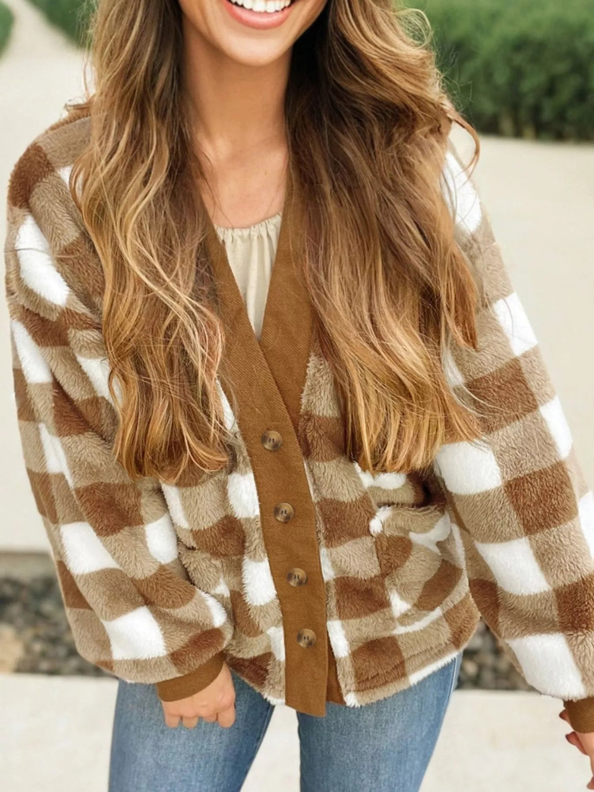 Checkered Sherpa Loose Knit Cardigan with Pockets 