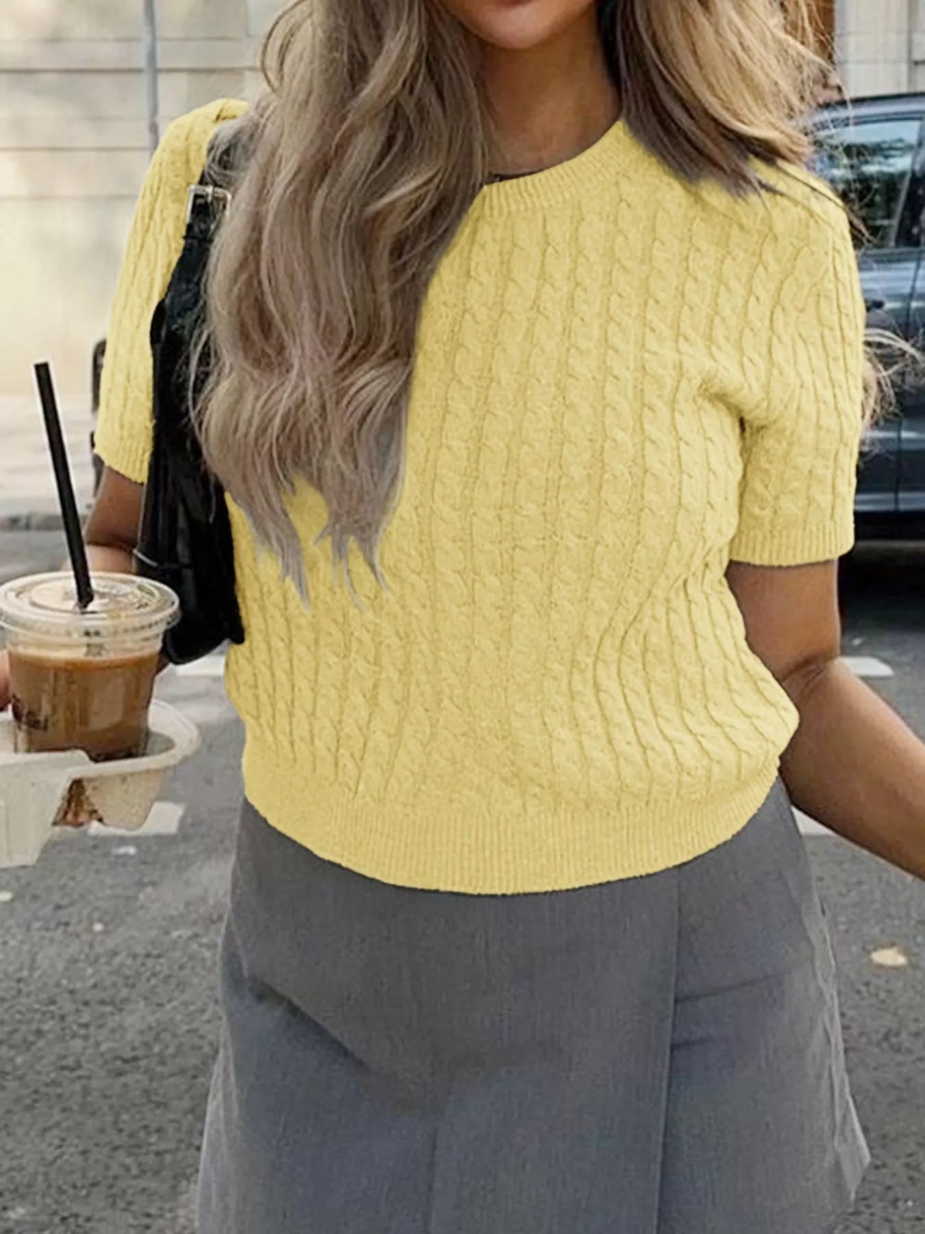 Cable-Knit Short Sleeve Sweater 