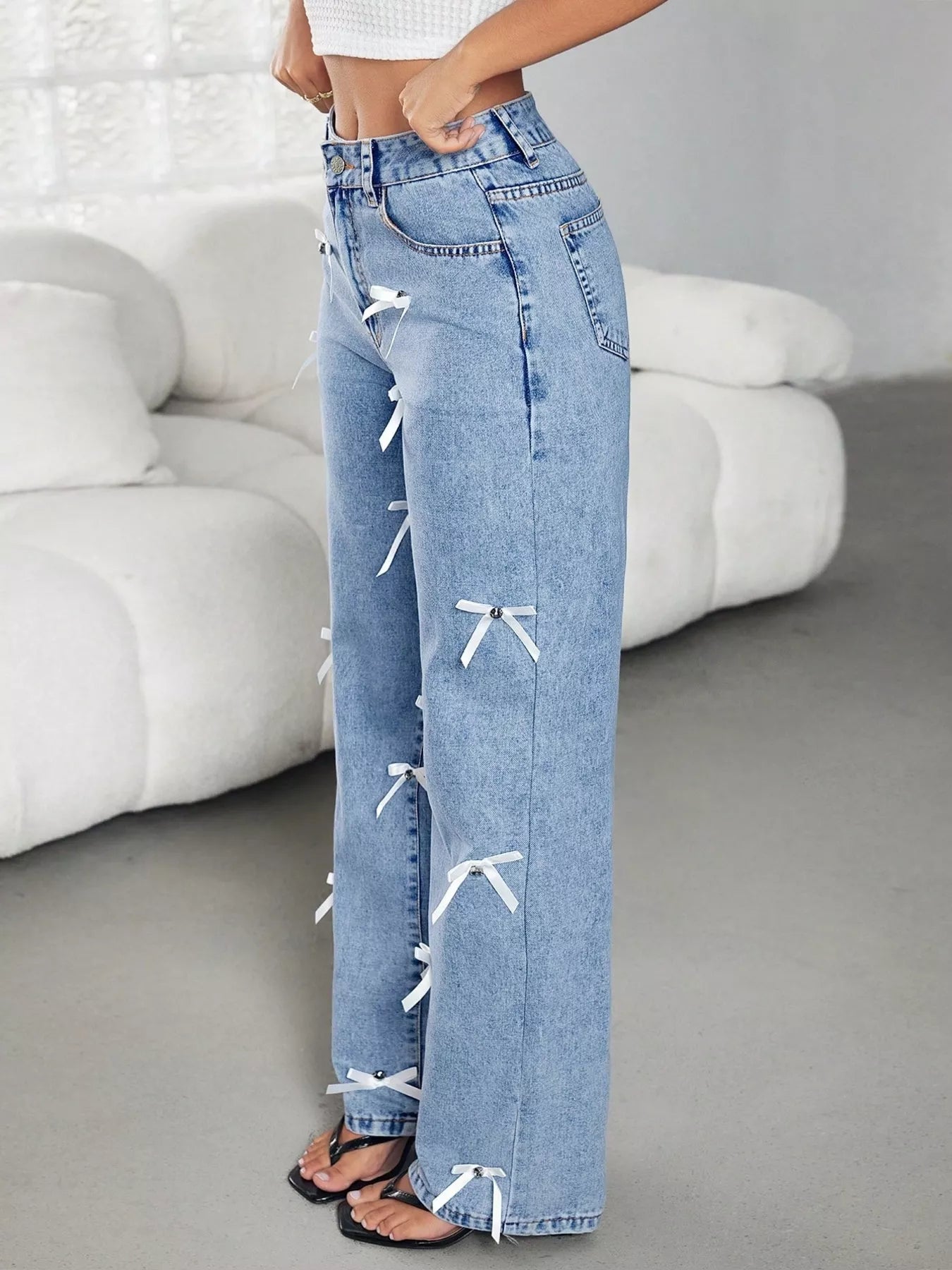 Bow Decor High Waist Wide Leg Jeans 