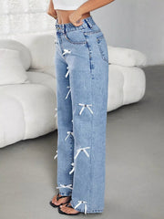 Bow Decor High Waist Wide Leg Jeans 